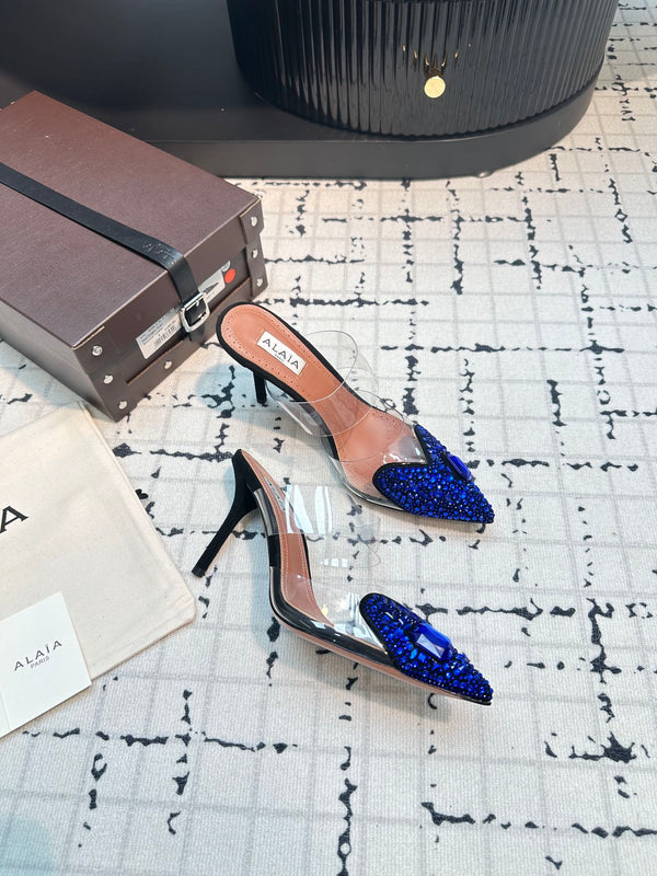 Alaia Heart With Crystals 90mm Heels Mules Dark Blue Sheepskin 800948