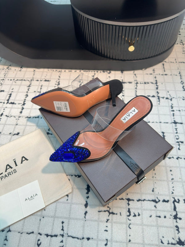 Alaia Heart With Crystals 90mm Heels Mules Dark Blue Sheepskin 800948