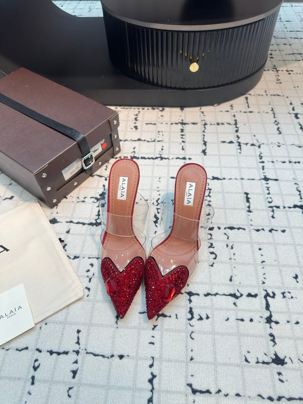 Alaia Heart With Crystals 90mm Heels Mules Red Sheepskin 800949
