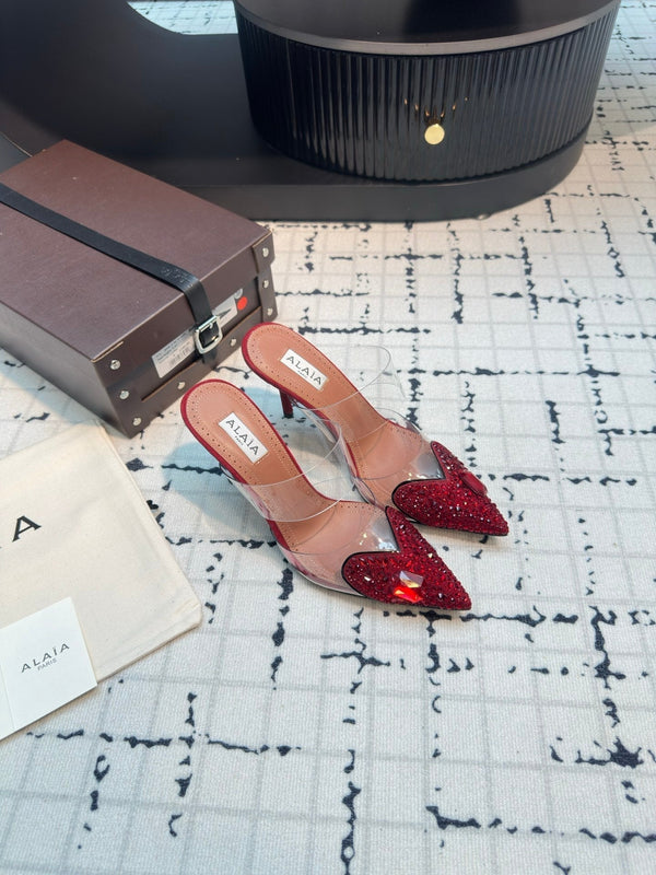 Alaia Heart With Crystals 90mm Heels Mules Red Sheepskin 800949