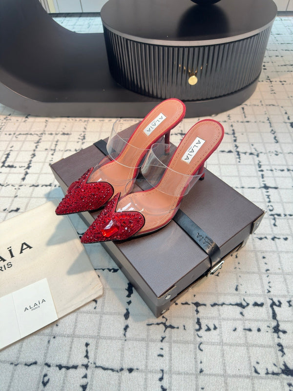 Alaia Heart With Crystals 90mm Heels Mules Red Sheepskin 800949