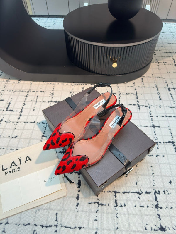 Alaia Heart 50mm Heels Slingbacks Red Leopard Sheepskin 810204