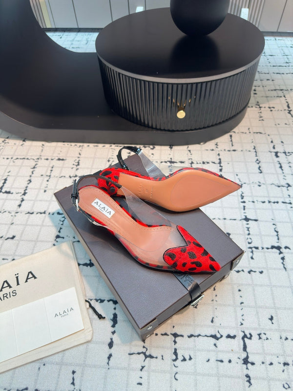 Alaia Heart 50mm Heels Slingbacks Red Leopard Sheepskin 810204
