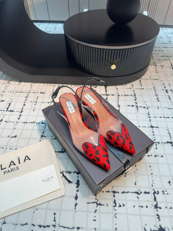 Alaia Heart 50mm Heels Slingbacks Red Leopard Sheepskin 810204