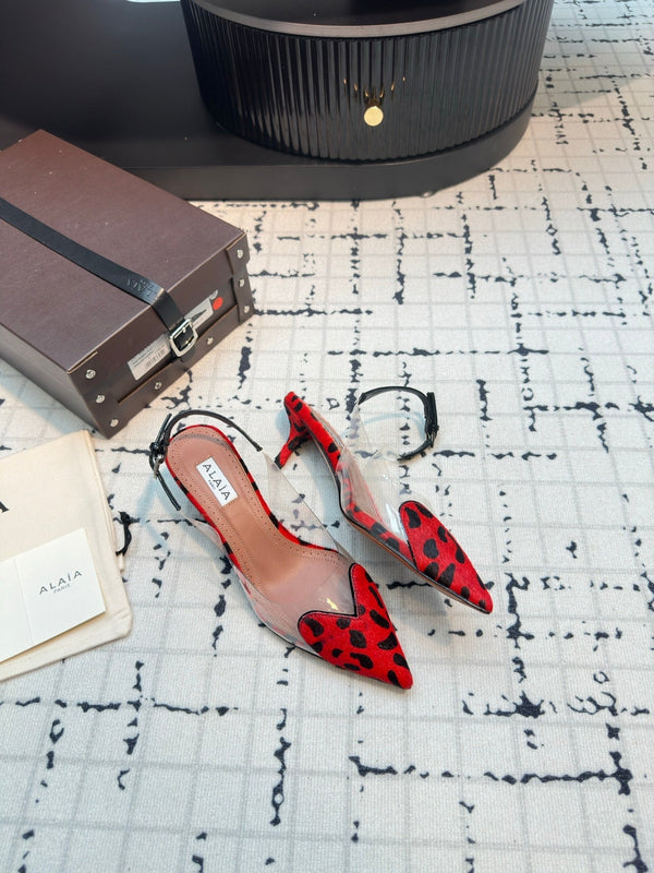 Alaia Heart 50mm Heels Slingbacks Red Leopard Sheepskin 810204
