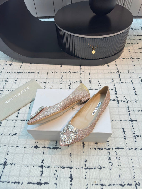 Hangisi 20 Ballet Flat Beige Glitter Fabric Leather Jewel Buckle 912605