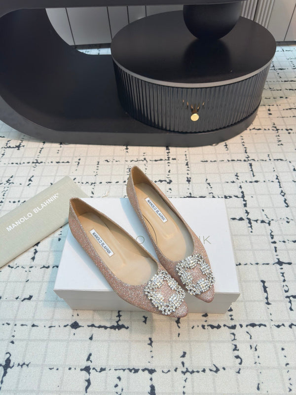 Hangisi 20 Ballet Flat Beige Glitter Fabric Leather Jewel Buckle 912605