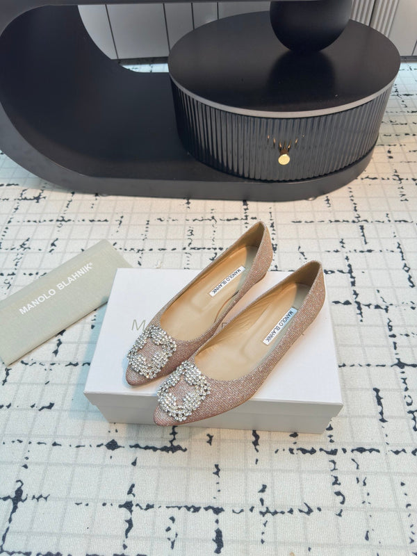 Hangisi 20 Ballet Flat Beige Glitter Fabric Leather Jewel Buckle 912605