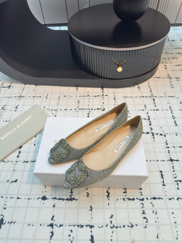 Hangisi 20 Ballet Flat Gold Glitter Fabric Leather Jewel Buckle 912606