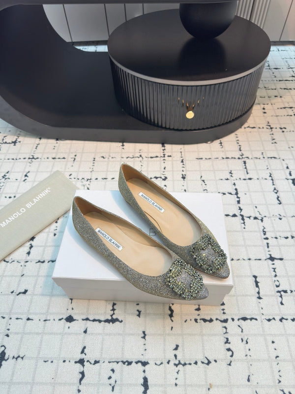 Hangisi 20 Ballet Flat Gold Glitter Fabric Leather Jewel Buckle 912606