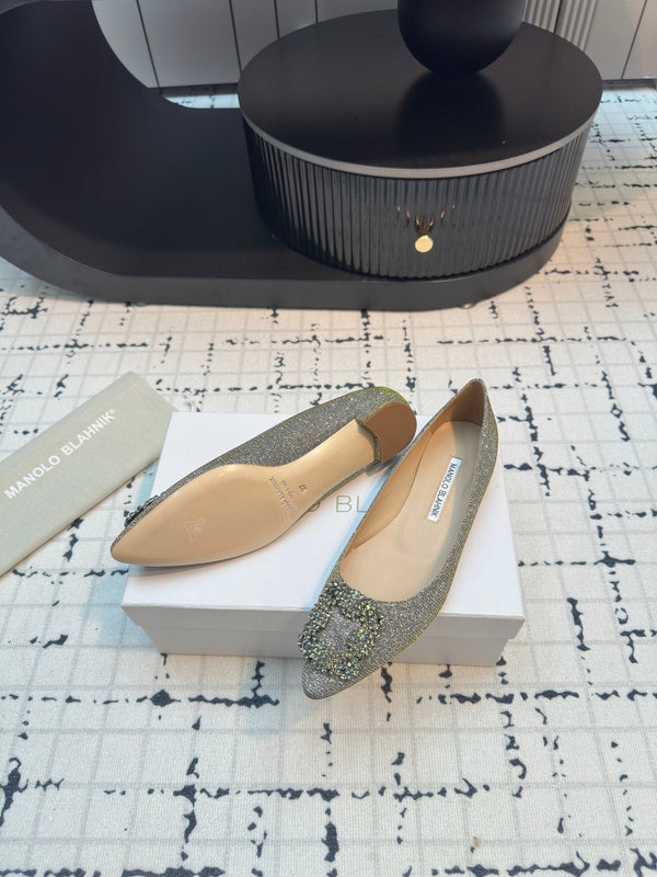 Hangisi 20 Ballet Flat Gold Glitter Fabric Leather Jewel Buckle 912606