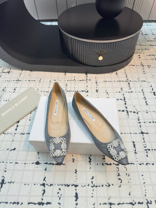 Hangisi 20 Ballet Flat Silver Glitter Fabric Leather Jewel Buckle 912607