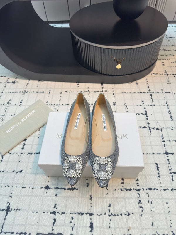 Hangisi 20 Ballet Flat Silver Glitter Fabric Leather Jewel Buckle 912607