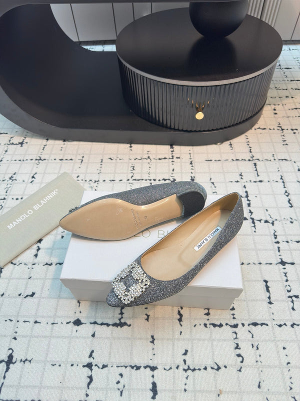 Hangisi 20 Ballet Flat Silver Glitter Fabric Leather Jewel Buckle 912607