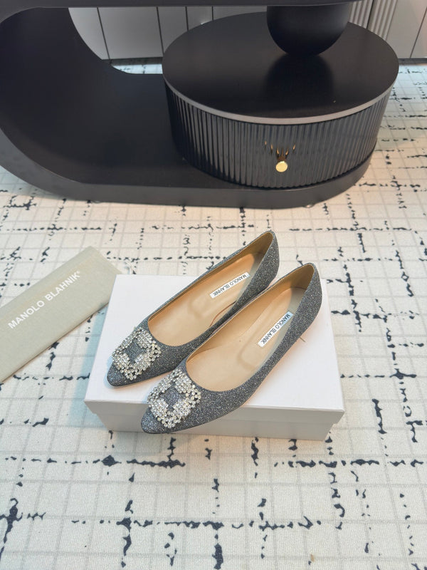 Hangisi 20 Ballet Flat Silver Glitter Fabric Leather Jewel Buckle 912607