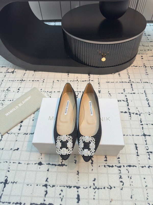 Hangisi 20 Ballet Flat Black Glitter Fabric Leather Jewel Buckle 912608