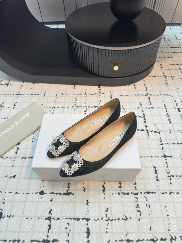 Hangisi 20 Ballet Flat Black Glitter Fabric Leather Jewel Buckle 912608