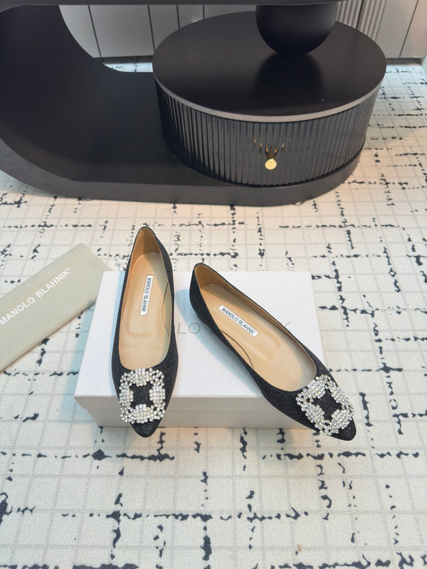 Hangisi 20 Ballet Flat Black Glitter Fabric Leather Jewel Buckle 912608