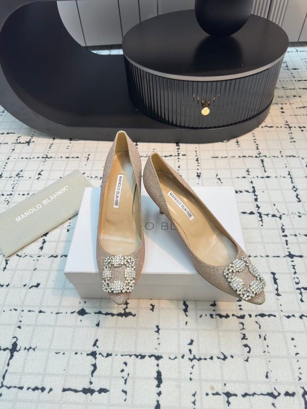 Hangisi 70 Beige Glitter Fabric Leather Jewel Buckle Pumps 912611