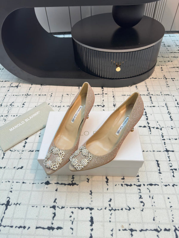 Hangisi 70 Beige Glitter Fabric Leather Jewel Buckle Pumps 912611