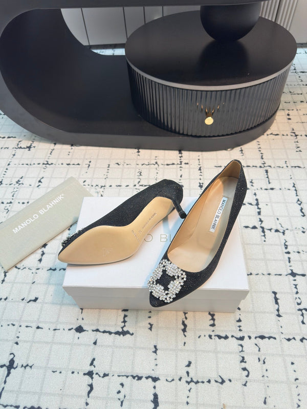 Hangisi 70 Black Glitter Fabric Leather Jewel Buckle Pumps 912612