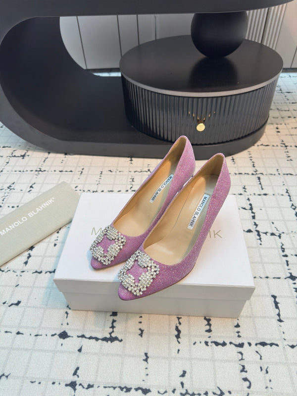 Hangisi 70 Pink Glitter Fabric Leather Jewel Buckle Pumps 912613