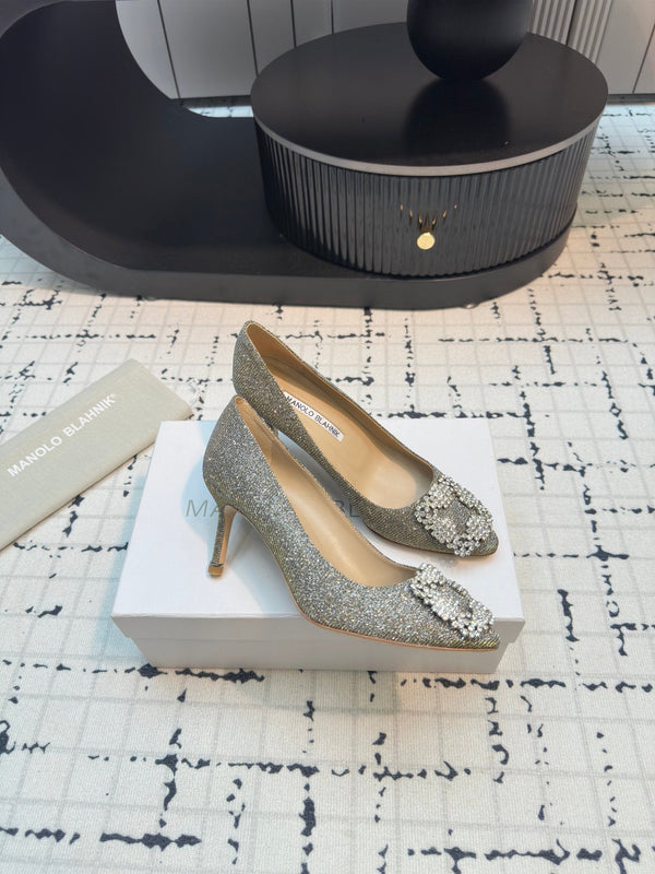 Hangisi 70 Gold Glitter Fabric Leather Jewel Buckle Pumps 912614