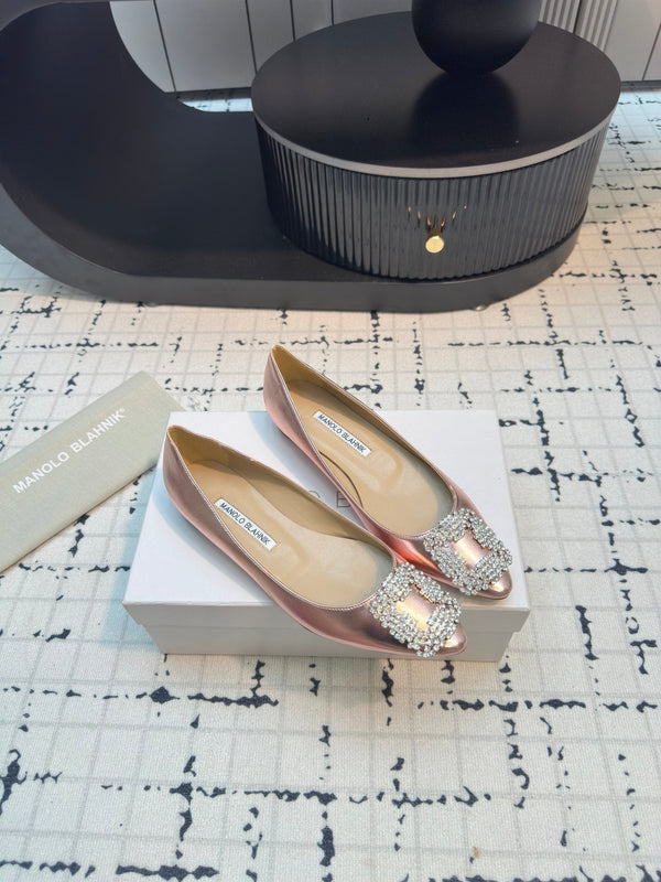 Hangisi 10mm Ballet Flat Rose Gold Metallic Leather Jewel Buckle 912617