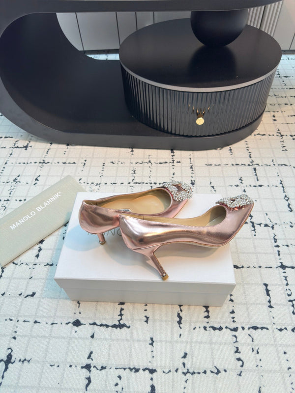 Hangisi 70 Rose Gold Metallic Leather Jewel Buckle Pumps 912618