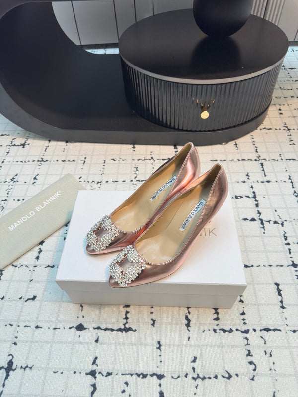 Hangisi 70 Rose Gold Metallic Leather Jewel Buckle Pumps 912618