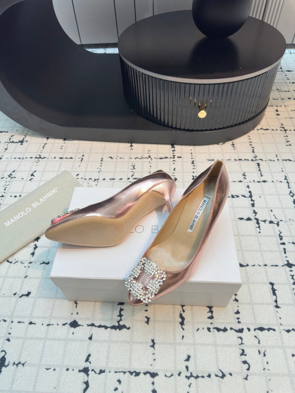Hangisi 70 Rose Gold Metallic Leather Jewel Buckle Pumps 912618