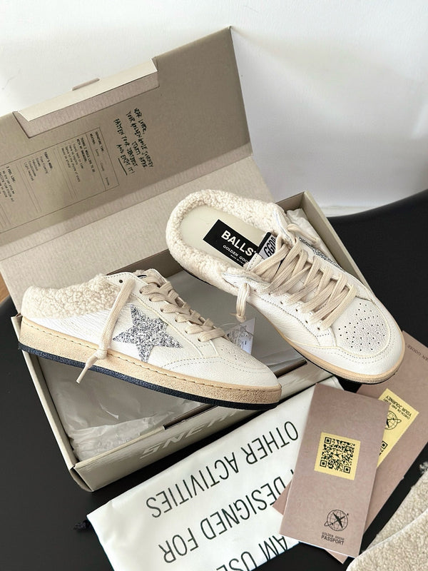 SABOTS SUPER-STAR IN VITELLO BIANCO CON FODERA IN TOSA E STELLA BIANCA GLITTER