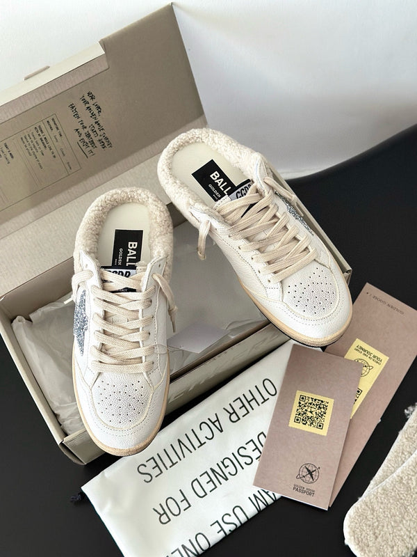 SABOTS SUPER-STAR IN VITELLO BIANCO CON FODERA IN TOSA E STELLA BIANCA GLITTER