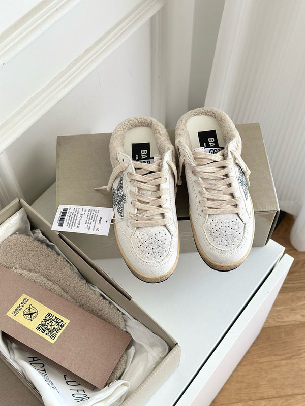 SABOTS SUPER-STAR IN VITELLO BIANCO CON FODERA IN TOSA E STELLA BIANCA GLITTER