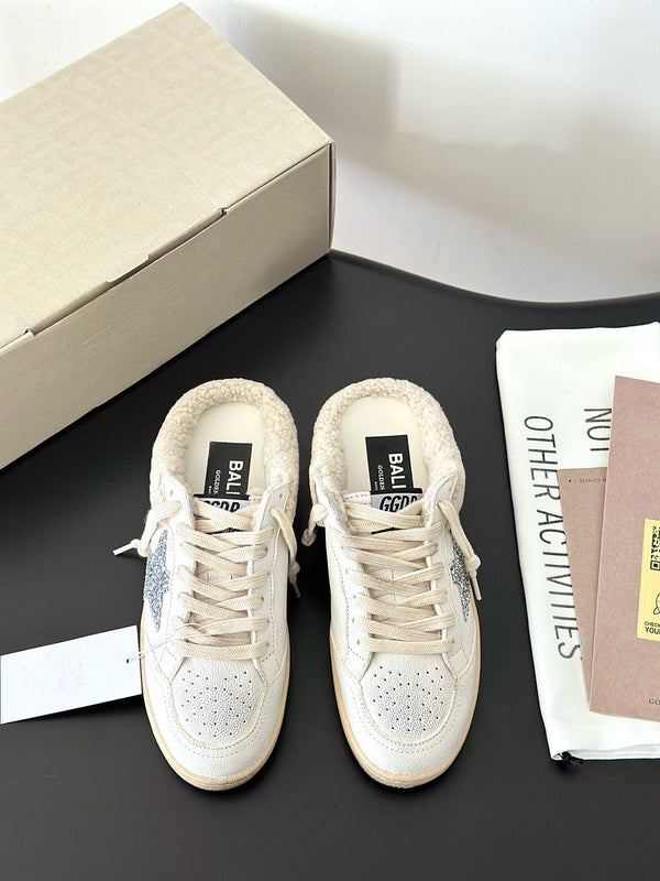 SABOTS SUPER-STAR IN VITELLO BIANCO CON FODERA IN TOSA E STELLA BIANCA GLITTER