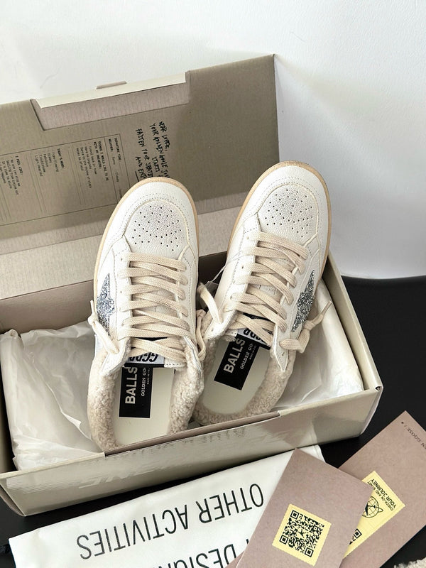 SABOTS SUPER-STAR IN VITELLO BIANCO CON FODERA IN TOSA E STELLA BIANCA GLITTER