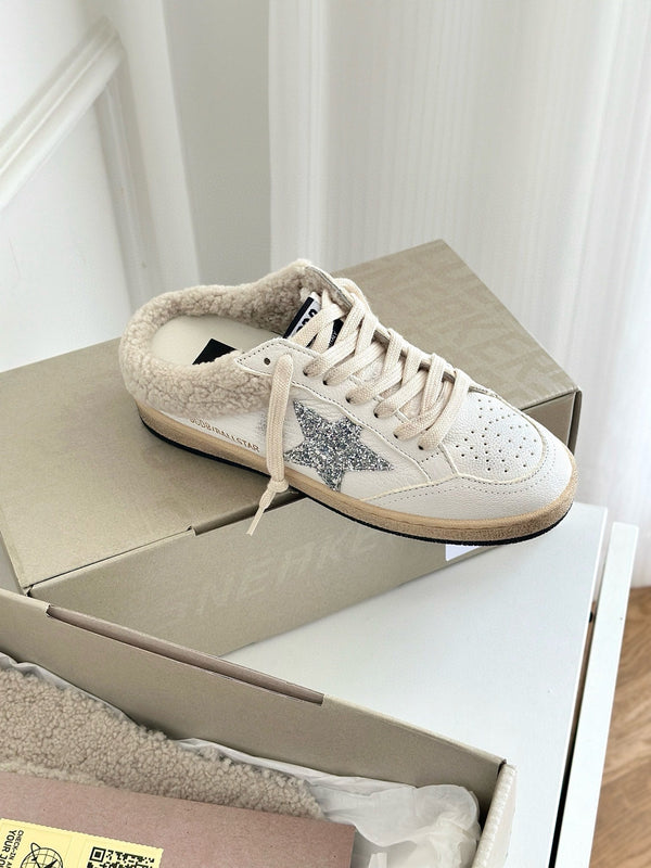 SABOTS SUPER-STAR IN VITELLO BIANCO CON FODERA IN TOSA E STELLA BIANCA GLITTER