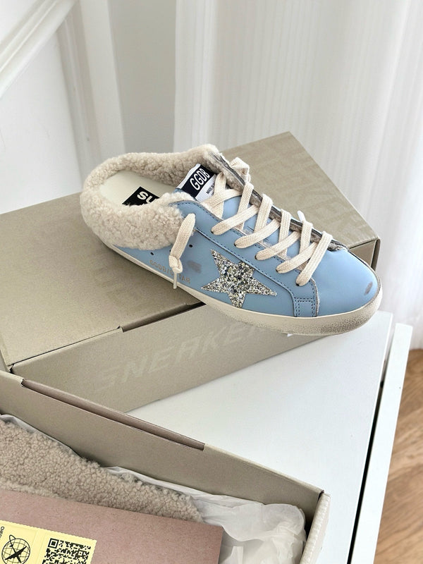 SUPER-STAR SABOTS IN BLUE CALFSKIN WITH GLITTER WHITE STAR