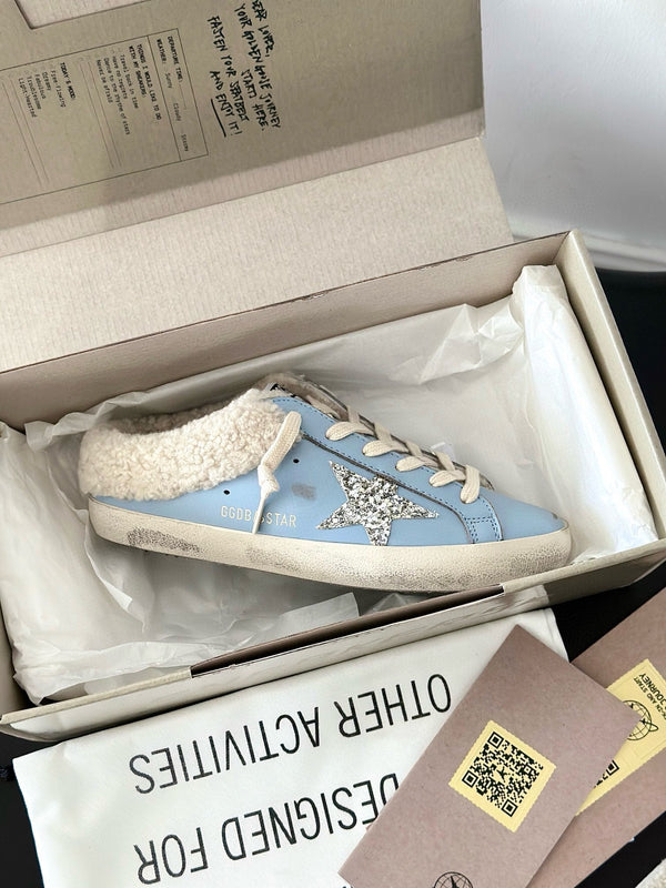 SUPER-STAR SABOTS IN BLUE CALFSKIN WITH GLITTER WHITE STAR