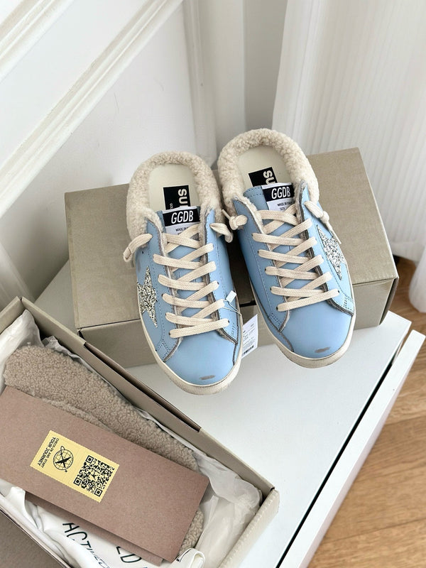 SUPER-STAR SABOTS IN BLUE CALFSKIN WITH GLITTER WHITE STAR