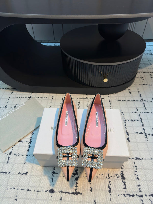 Hangisi 10mm Ballet Flat Pink Linen with Black Leather Jewel Buckle 161060