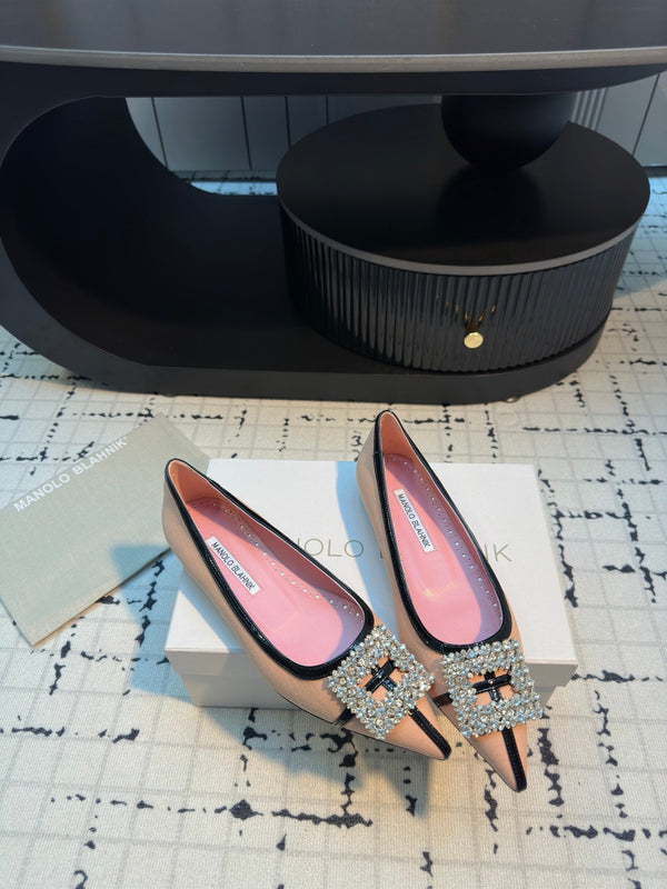 Hangisi 10mm Ballet Flat Pink Linen with Black Leather Jewel Buckle 161060