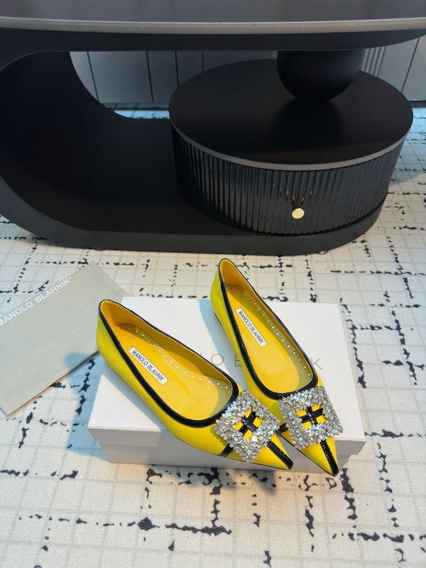 Hangisi 10mm Ballet Flat Yellow Linen with Black Leather Jewel Buckle 161061