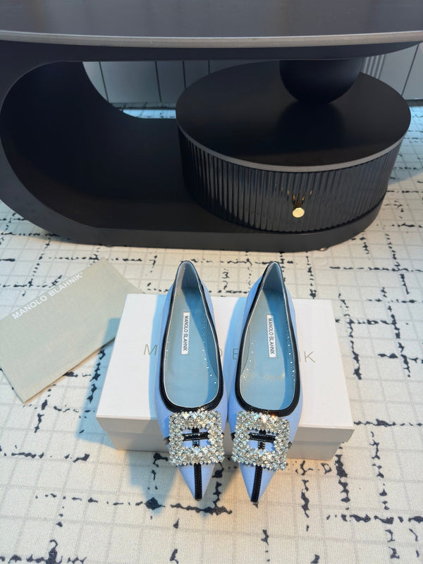 Hangisi 10mm Ballet Flat Ocean Blue Linen with Black Leather Jewel Buckle 161062