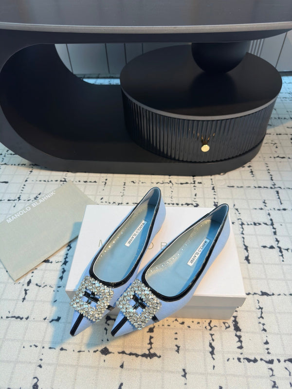 Hangisi 10mm Ballet Flat Ocean Blue Linen with Black Leather Jewel Buckle 161062