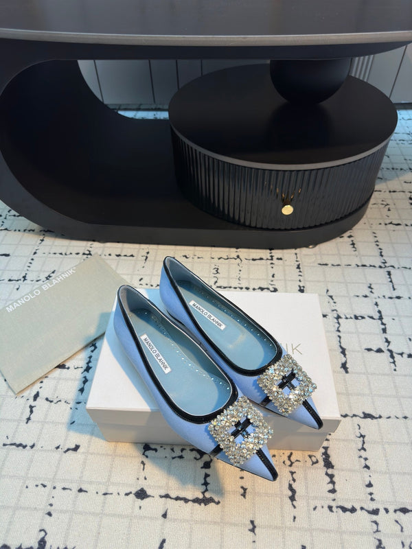 Hangisi 10mm Ballet Flat Ocean Blue Linen with Black Leather Jewel Buckle 161062