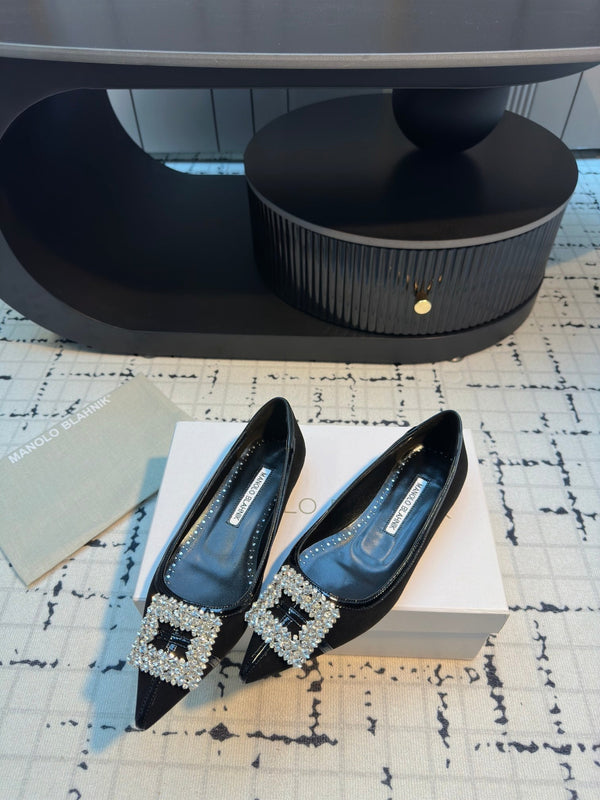 Hangisi 10mm Ballet Flat Black Linen and Leather Jewel Buckle 161063