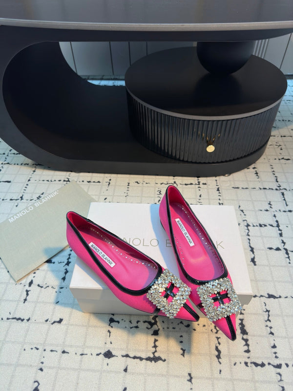 Hangisi 10mm Ballet Flat Dark Pink Linen with Black Leather Jewel Buckle 161065