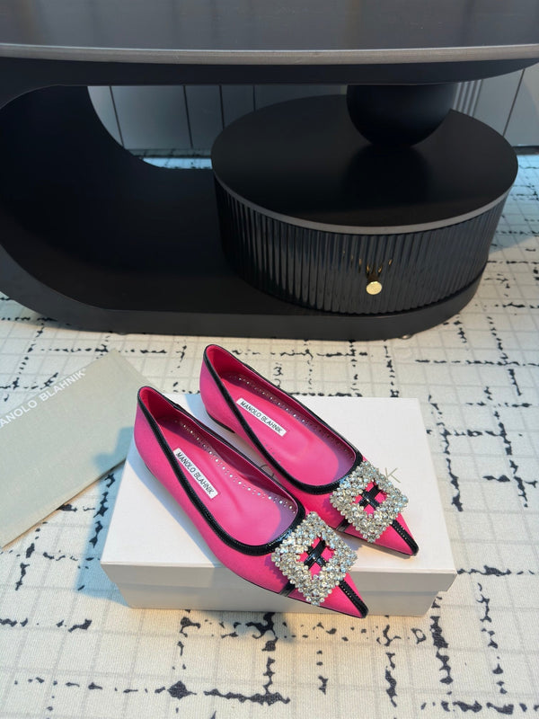 Hangisi 10mm Ballet Flat Dark Pink Linen with Black Leather Jewel Buckle 161065