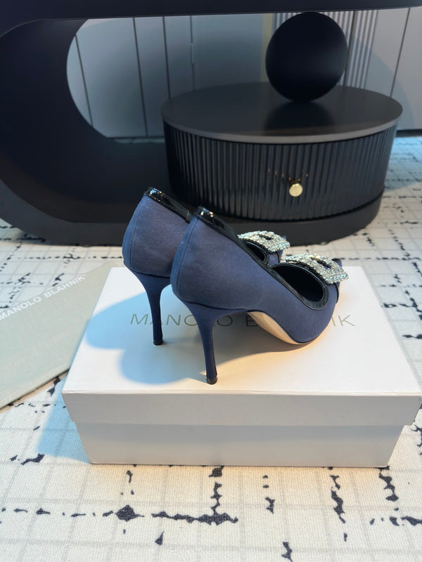 Hangisi 100 Dark Blue Linen with Black Leather Jewel Buckle Pumps 161070